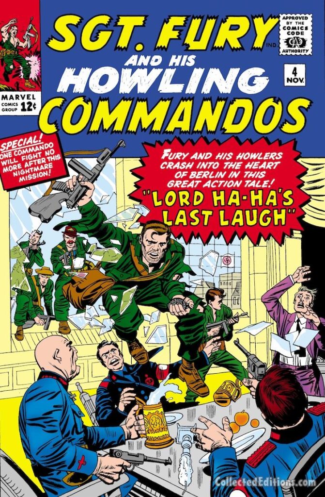 Sgt. Fury and His Howling Commandos #4 cover; pencils, Jack Kirby; inks, Sol Brodsky; Lord Ha-Ha's Last Laugh, Nick Fury, Commando
