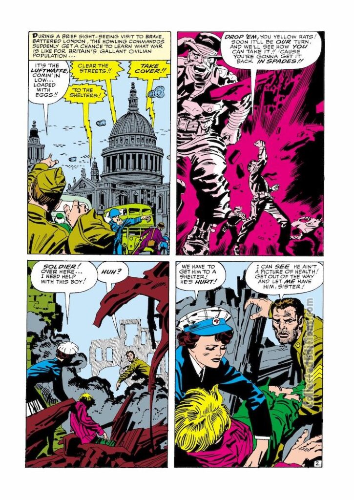 Sgt. Fury and His Howling Commandos #4, pg. 2; pencils, Jack Kirby; inks, George Roussos; Kirby Krackle, Nick Fury, Lady Pamela Hawley, first appearance, German Luftwaffe, bombing London