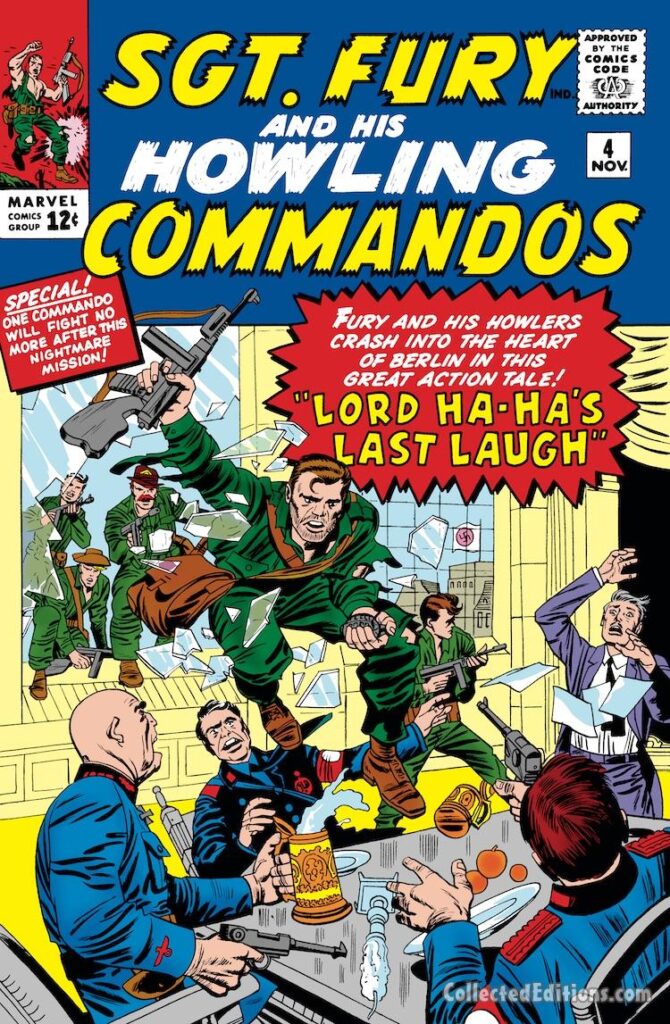 Sgt. Fury and His Howling Commandos #4 cover; pencils, Jack Kirby; inks, Sol Brodsky; Lord Ha-Ha&#039;s Last Laugh, Nick Fury, Commando