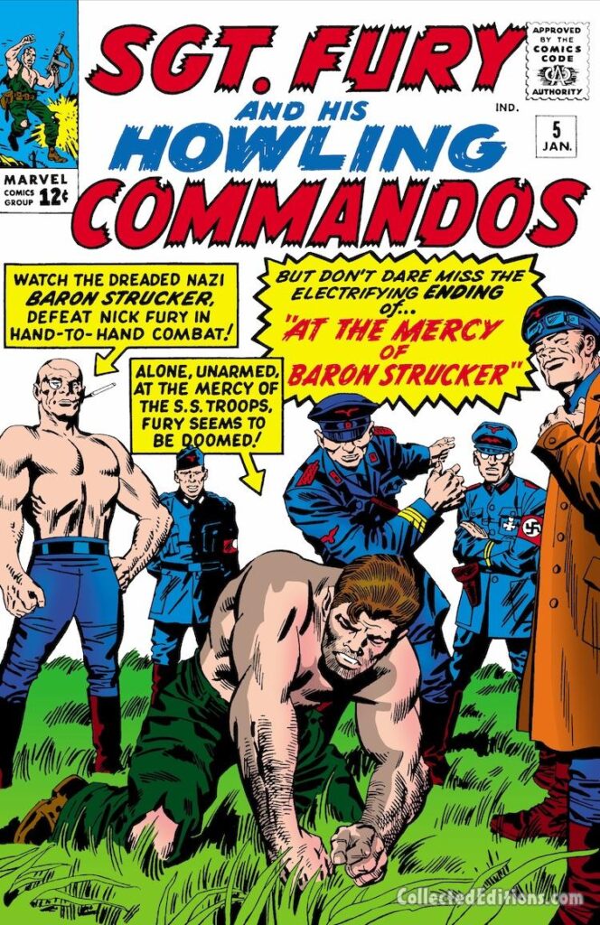Sgt. Fury and His Howling Commandos #5 cover; pencils, Jack Kirby; inks, Sol Brodsky; At the Mercy of Baron Strucker
