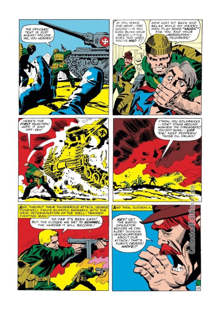 Sgt. Fury and His Howling Commandos #6, pg. 10; pencils, Jack Kirby; inks, George Roussos; Dum Dum Dugan, Nazi, tank battle, Nick Fury