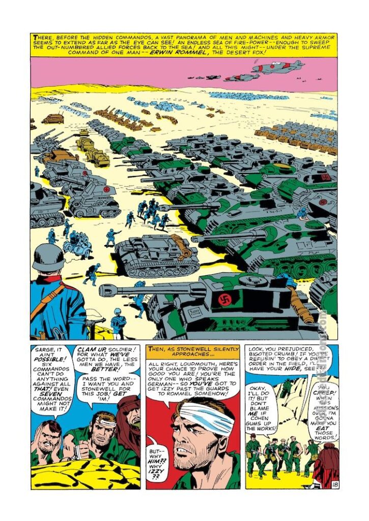 Sgt. Fury and His Howling Commandos #6, pg. 18; pencils, Jack Kirby; inks, George Roussos; Erwin Rommel, the Desert Fox, North Africa, German Army, Nazi, Nick Fury, Nazi party