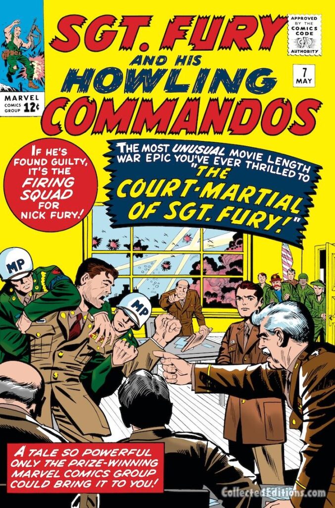 Sgt. Fury and His Howling Commandos #7 cover; pencils, Jack Kirby; inks, George Roussos; The Court Martial of Sgt. Fury, Nick Fury, Firing Squad, Stan Lee