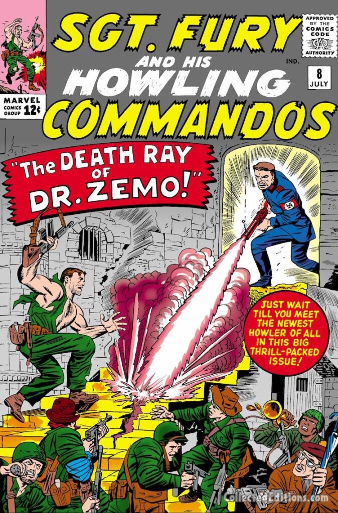 Sgt. Fury and His Howling Commandos #8 cover; pencils, Jack Kirby; inks, Sol Brodskyv; The Death Ray of Dr. Zemo, Baron Zemo, origin, first appearance, World War II, Nazis