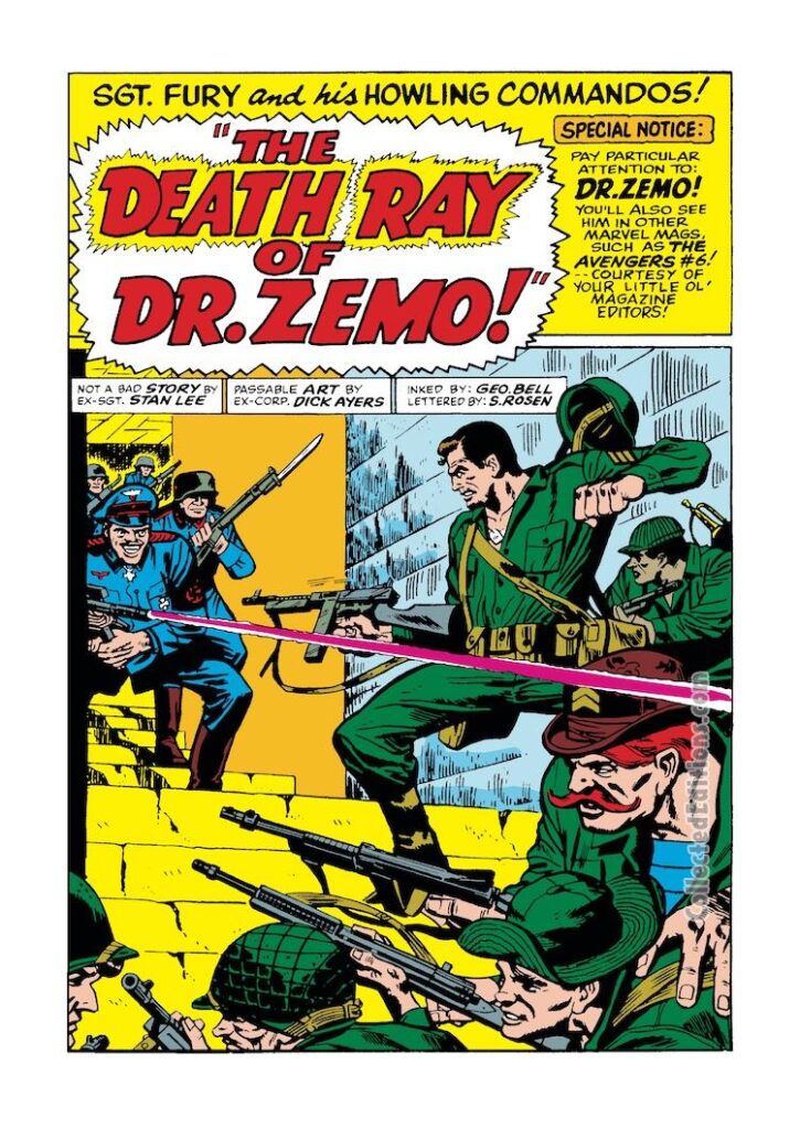 Sgt. Fury and His Howling Commandos #8, pg. 1; pencils, Dick Ayers; inks, George Roussos; The Death Ray of Dr. Zemo, first appearance, origin, Avengers #6, baron Zemo, splash page, Stan Lee, Nick Fury