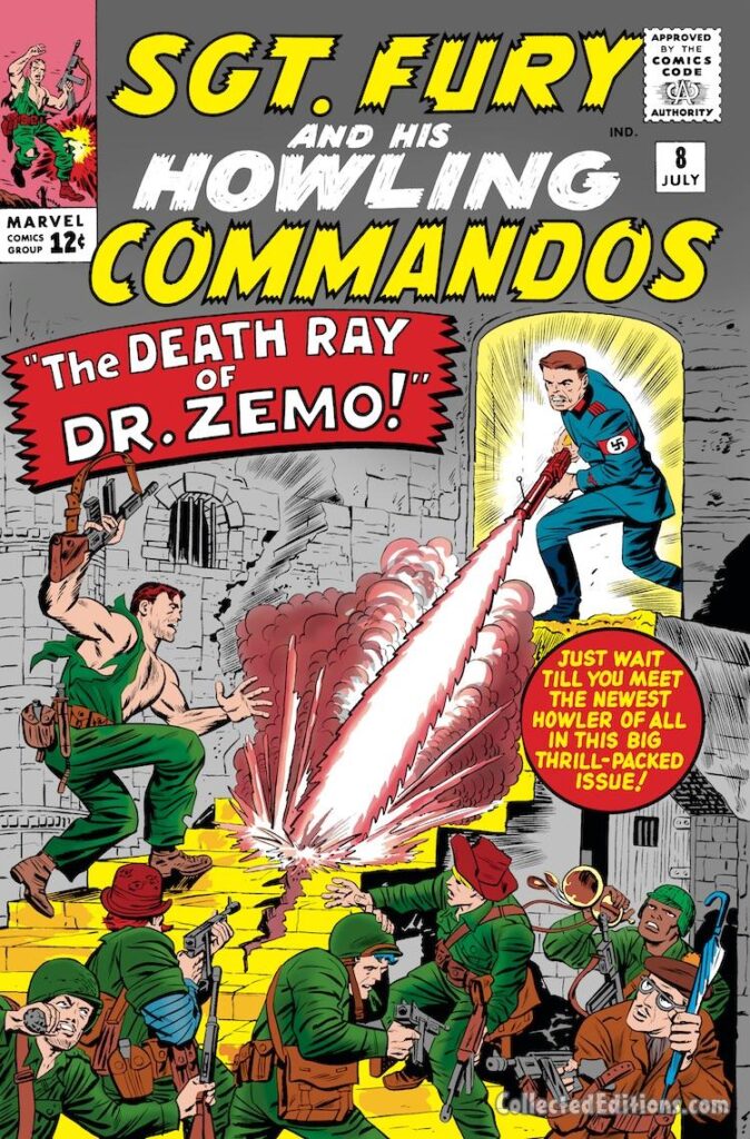 Sgt. Fury and His Howling Commandos #8 cover; pencils, Jack Kirby; inks, Sol Brodskyv; The Death Ray of Dr. Zemo, Baron Zemo, origin, first appearance, World War II, Nazis