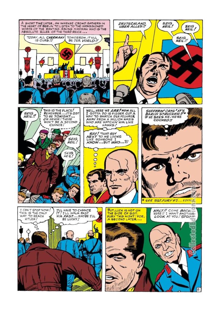 Sgt. Fury and His Howling Commandos #9, pg. 8; pencils, Dick Ayers; inks, George Roussos; Adolf Hitler, swastika, Baron Von Strucker, Seig Heil, Nazis, World War 2, Nick Fury, Stan Lee