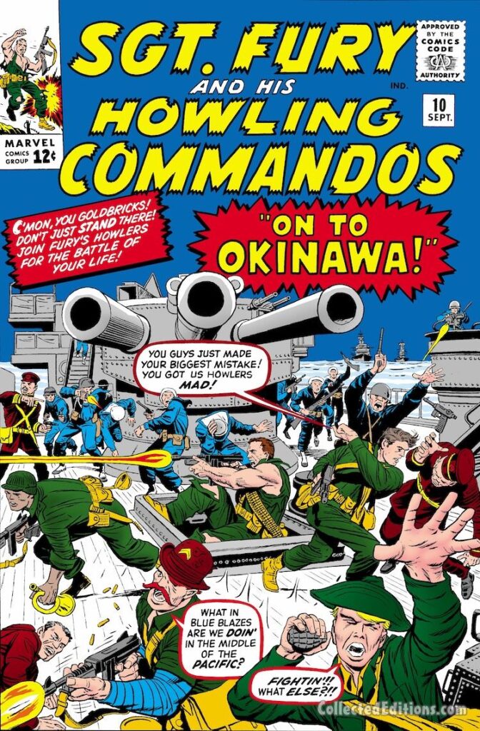 Sgt. Fury and His Howling Commandos #10 cover; pencils, Jack Kirby; inks, Dick Ayers; On to Okinawa, Japan, Nick Fury, Rebel Ralston, Dum Dum Dugan