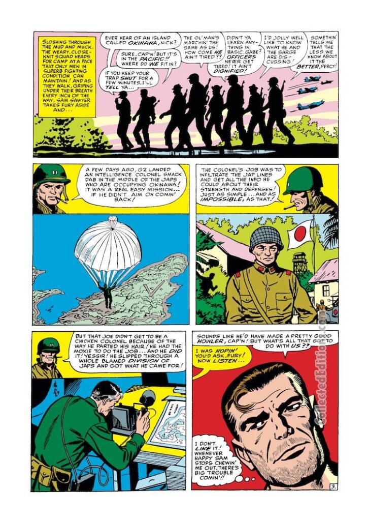 Sgt. Fury and His Howling Commandos #10, pg. 3; pencils, Dick Ayers; inks, George Roussos; Okinawa, Nick Fury, Japanese Army