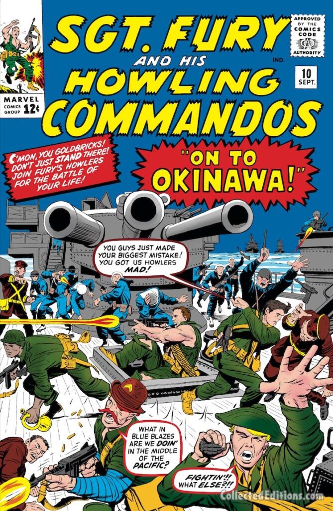 Sgt. Fury and His Howling Commandos #10 cover; pencils, Jack Kirby; inks, Dick AyersSgt. Fury and His Howling Commandos #10 cover; pencils, Jack Kirby; inks, Dick Ayersv; On to Okinawa, Japan, World War II, Pacific Theater, Dum Dum Dugan, Rebel Ralston