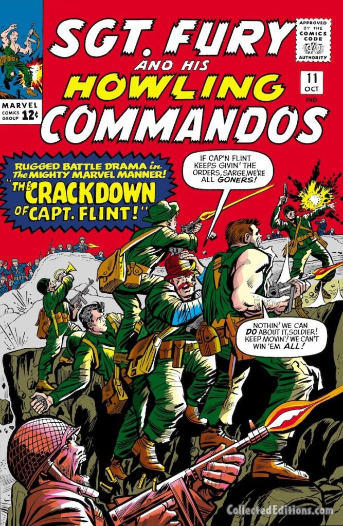 Sgt. Fury and His Howling Commandos #11 cover; pencils, Jack Kirby; inks, Chic Stone; The Crackdown of Capt. Flint, Nick Fury, Dum Dum Dugan, first appearance