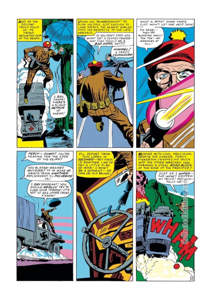 Sgt. Fury and His Howling Commandos #11, pg. 15; pencils, Dick Ayers; inks, George Roussos; Nick Fury, Percival Percy Pinkerton, British Army, umbrella