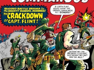 Sgt. Fury and His Howling Commandos #11 cover; pencils, Jack Kirby; inks, Chic Stone; The Crackdown of Capt. Flint, Nick Fury, Dum Dum Dugan, first appearance; Crackdown of Capt. Flint, Howlers