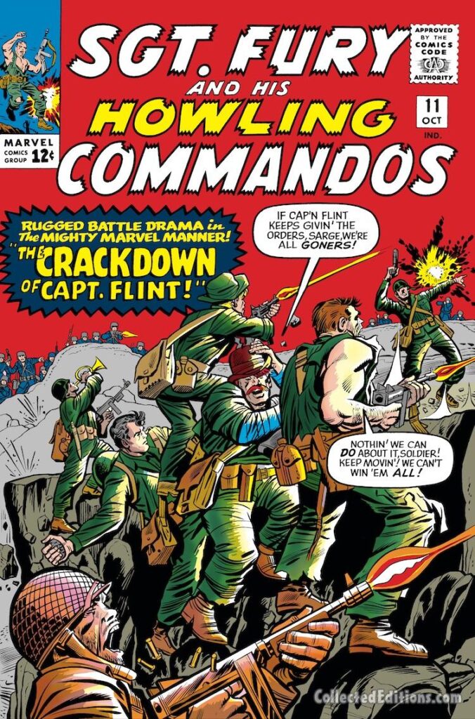 Sgt. Fury and His Howling Commandos #11 cover; pencils, Jack Kirby; inks, Chic Stone; The Crackdown of Capt. Flint, Nick Fury, Dum Dum Dugan, first appearance; Crackdown of Capt. Flint, Howlers