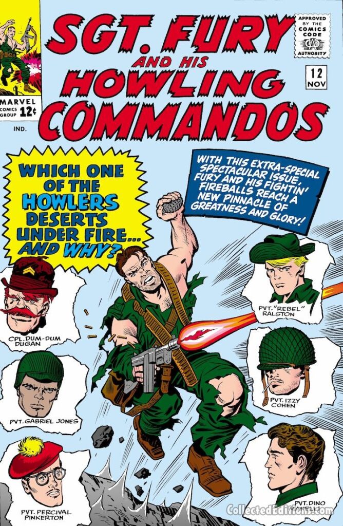 Sgt. Fury and His Howling Commandos #12 cover; pencils, Jack Kirby; inks, Chic Stone; Dum Dum Dugan, Gabe Jones, Percival Pinkerton, Rebel Ralston, Izzy Cohen, Dino Manelli