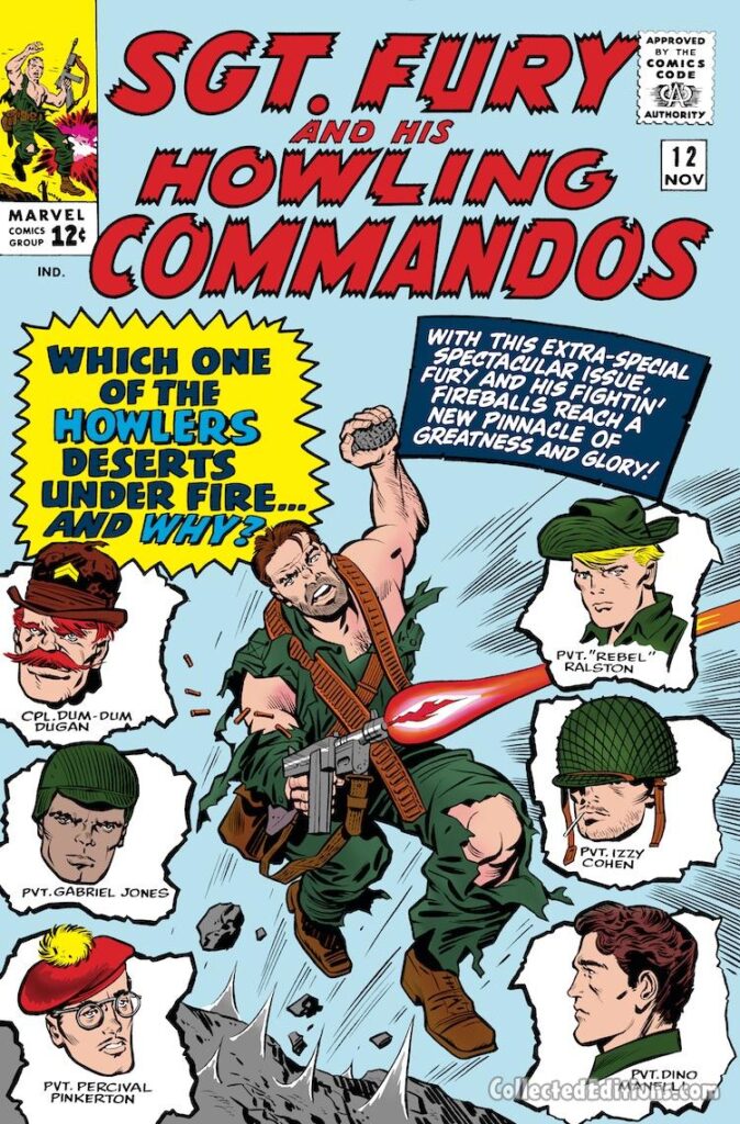 Sgt. Fury and His Howling Commandos #12 cover; pencils, Jack Kirby; inks, Chic Stone; Dum Dum Dugan, Gabe Jones, Percival Pinkerton, Rebel Ralston, Izzy Cohen, Dino Manelli