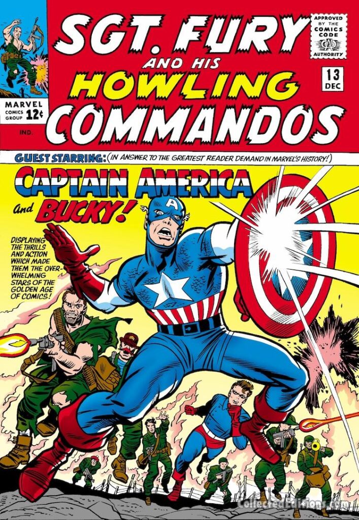 Sgt. Fury and His Howling Commandos #13 cover; pencils, Jack Kirby; inks, Chic Stone; Captain America and Bucky, World War II, Nick Fury, team-up
