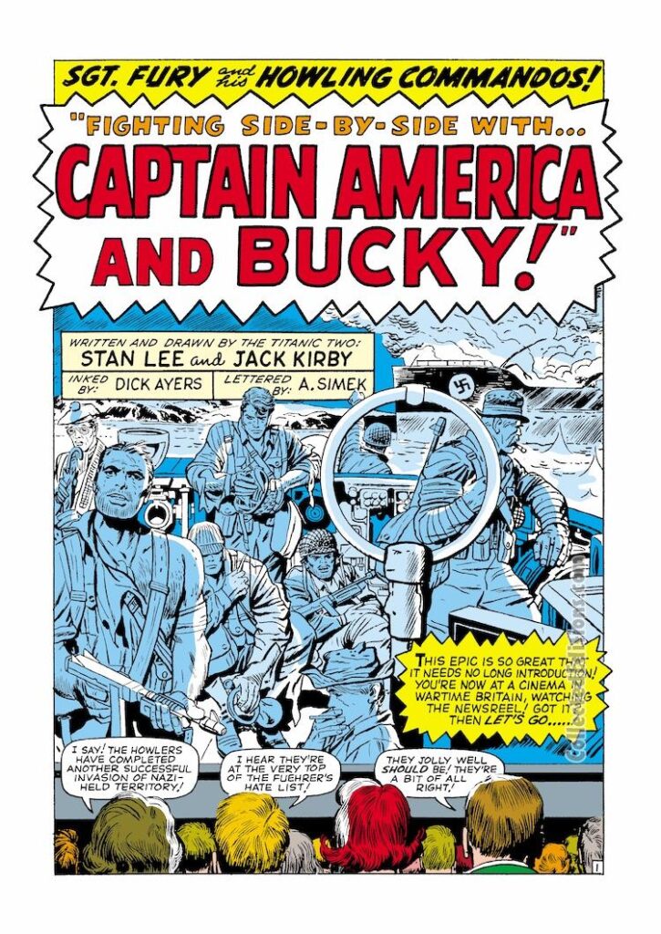 Sgt. Fury and His Howling Commandos #13, pg. 1; pencils, Jack Kirby; inks, Dick Ayers; Nick Fury, Captain America and Bucky, splash page, Stan Lee