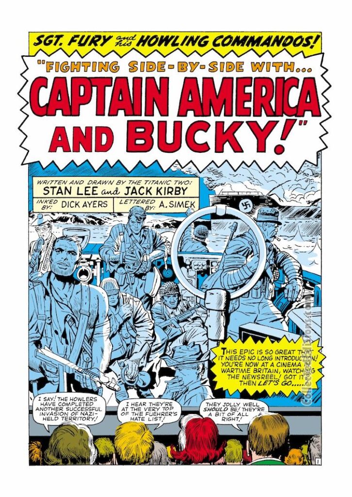Sgt. Fury and His Howling Commandos #13, pg. 1; pencils, Jack Kirby; inks, Dick Ayers; Stan Lee, splash page, Fighting Side By Side with Captain America and Bucky, Nick Fury
