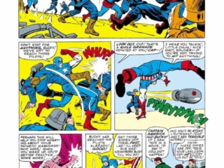 Sgt. Fury and His Howling Commandos #13, pg. 10; pencils, Jack Kirby; inks, Dick Ayers; Captain America, Bucky Barnes, Nick Fury, World War II action