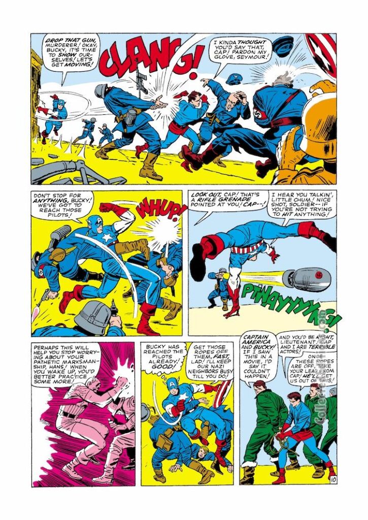 Sgt. Fury and His Howling Commandos #13, pg. 10; pencils, Jack Kirby; inks, Dick Ayers; Captain America, Bucky Barnes, Nick Fury, World War II action