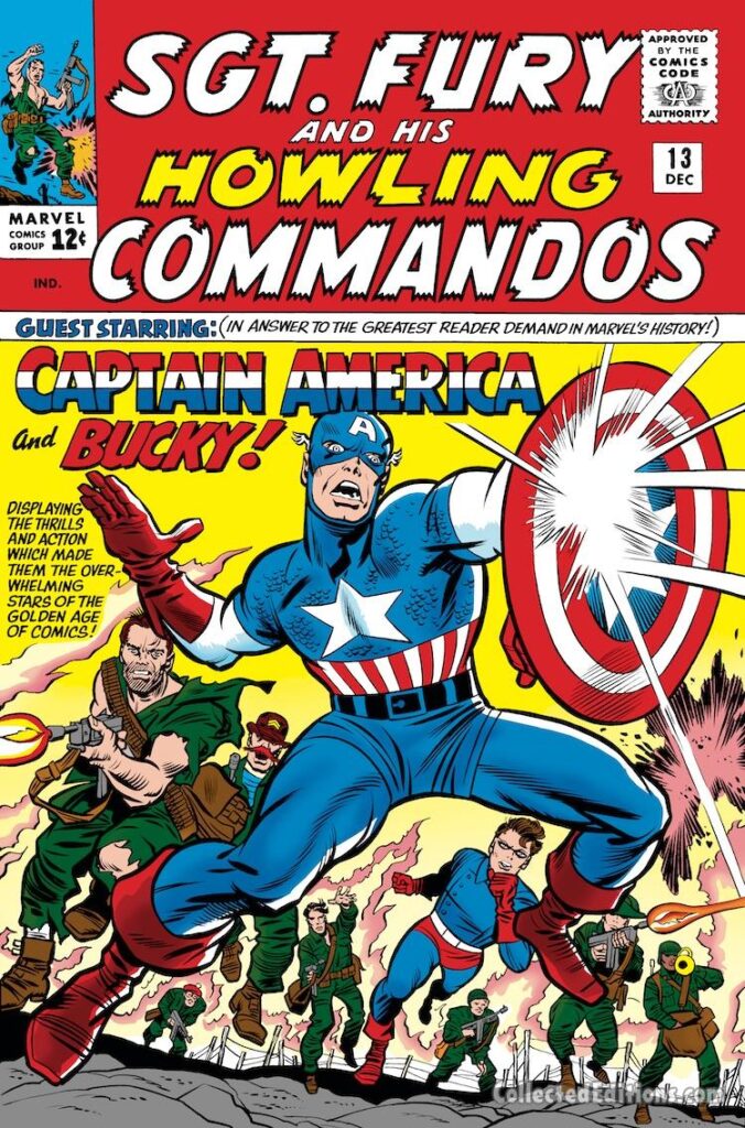 Sgt. Fury and His Howling Commandos #13 cover; pencils, Jack Kirby; inks, Chic Stone; Captain America, Bucky, Gabe Jones trumpet