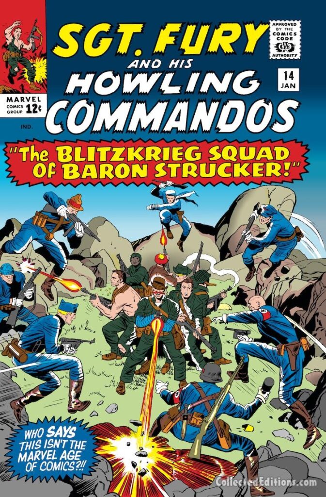 Sgt. Fury and His Howling Commandos #14 cover; pencils, Jack Kirby; inks, Dick Ayers; The Blitzkrieg Squad of Baron Strucker; Dum Dum Dugan, Nick Fury, Nazis