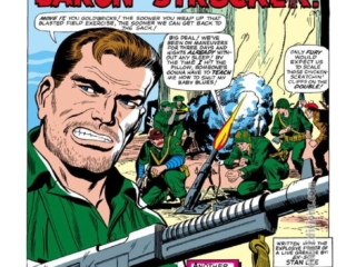 Sgt. Fury and His Howling Commandos #14, pg. 1; pencils, Dick Ayers; inks, George Roussos, Nick Fury, Stan Lee, splash page, George Bell pseudonym, George Roussos pen name, The Blitzkrieg Squad of Baron Strucker