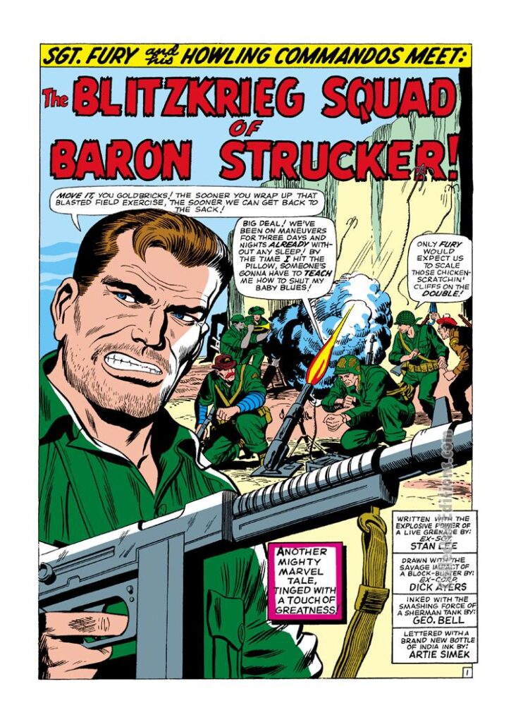 Sgt. Fury and His Howling Commandos #14, pg. 1; pencils, Dick Ayers; inks, George Roussos, Nick Fury, Stan Lee, splash page, George Bell pseudonym, George Roussos pen name, The Blitzkrieg Squad of Baron Strucker