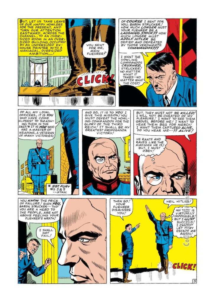 Sgt. Fury and His Howling Commandos #14, pg. 3; pencils, Dick Ayers; inks, George Roussos; Nick Fury, Adolf Hitler, German Army, Nazi Party, Baron Von Strucker