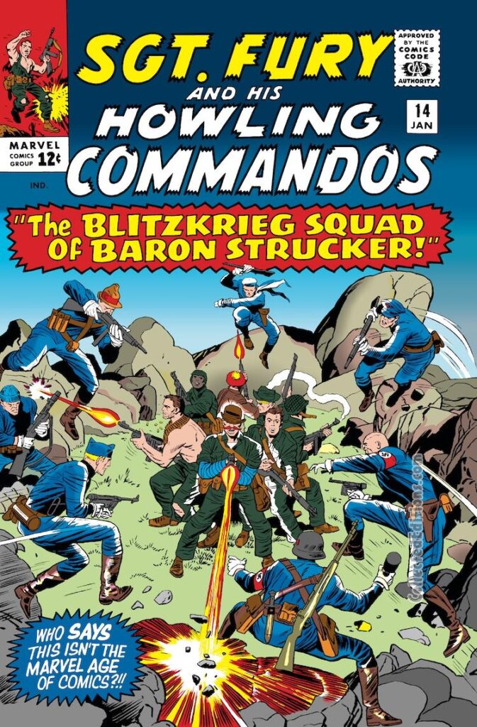 Sgt. Fury and His Howling Commandos #14 cover; pencils, Jack Kirby; inks, Dick Ayers; The Blitzkrieg Squad of Baron Strucker, Wolfgang Von Strucker, Nick Fury