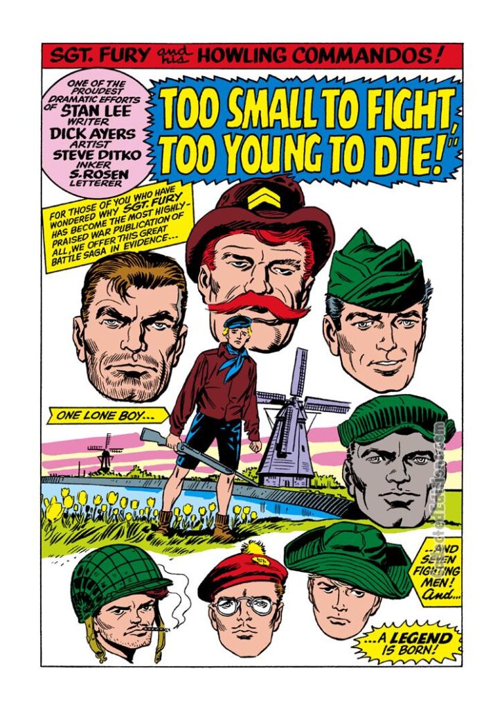 Sgt. Fury and His Howling Commandos #15, pg. 1; pencils, Dick Ayers; inks, Steve Ditko; Too Small to Fight Too Young To Die, Stan Lee, splash page, Marvel Age of Comics, Dutch resistance, World War II