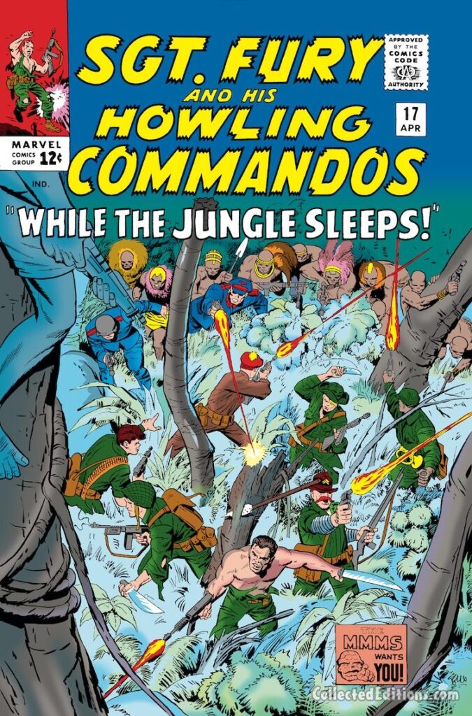Sgt. Fury and His Howling Commandos #17 cover; pencils, Jack Kirby; inks, Vince Colletta; While the Jungle Sleeps, Nick Fury, North Africa