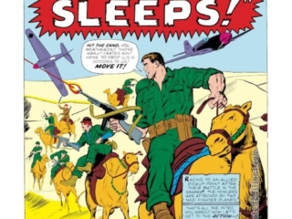 Sgt. Fury and His Howling Commandos #17, pg. 1; pencils, Dick Ayers; inks, Vince Colletta; While the Jungle Sleeps, splash page, Stan Lee, Nick Fury, camel riders, North Africa, World War II, Dum Dum Dugan