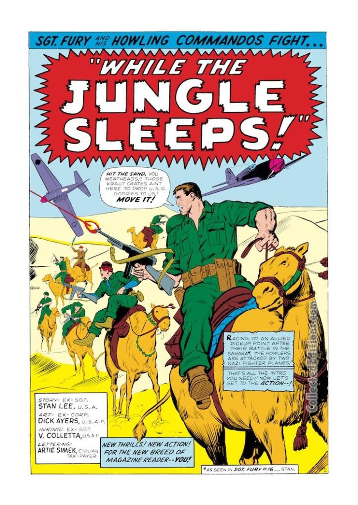 Sgt. Fury and His Howling Commandos #17, pg. 1; pencils, Dick Ayers; inks, Vince Colletta; While the Jungle Sleeps, splash page, Stan Lee, Nick Fury, camel riders, North Africa, World War II, Dum Dum Dugan
