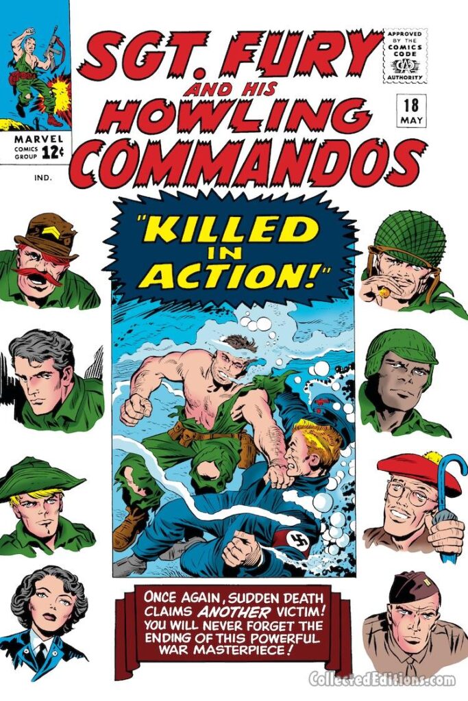 Sgt. Fury and His Howling Commandos #18 cover; pencils, Jack Kirby; inks, Chic Stone; Killed in Action, Nick Fury