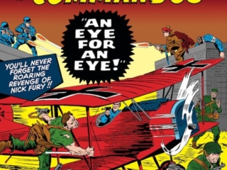 Sgt. Fury and His Howling Commandos #19 cover; pencils, Jack Kirby; inks, Chic Stone; An Eye for An Eye, Percy Pinkerton, Nazi Party, Nazis, Nick Fury, Dum Dum Dugan, biplane