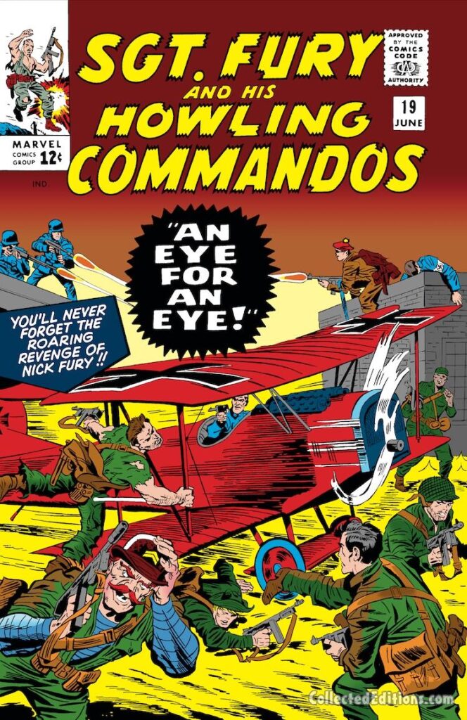 Sgt. Fury and His Howling Commandos #19 cover; pencils, Jack Kirby; inks, Chic Stone; An Eye for An Eye, Percy Pinkerton, Nazi Party, Nazis, Nick Fury, Dum Dum Dugan, biplane