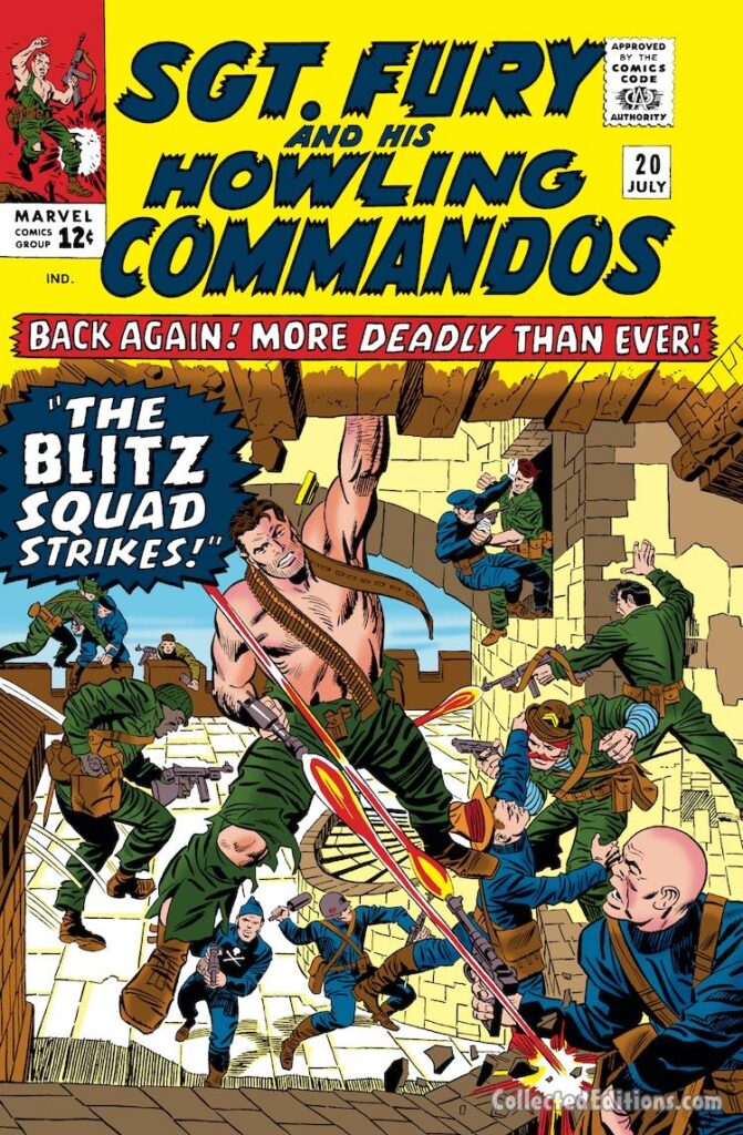 Sgt. Fury and His Howling Commandos #20 cover; pencils, Jack Kirby; inks, Frank Giacoia; The Blitz Squad Strikes, Baron Von Strucker, Nick Fury, Gabe Jones, Dum Dum Dugan