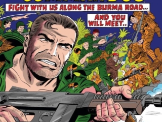Sgt. Fury and His Howling Commandos #23 cover; pencils, Dick Ayers; inks, Frank Giacoia; Fight With Us Along the Burma Road, The Man Who Failed, Nick Fury