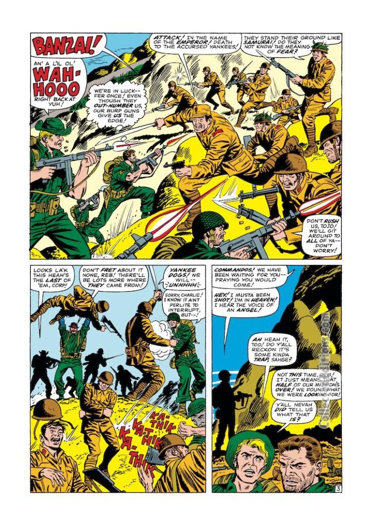 Sgt. Fury and His Howling Commandos #23, pg. 3; pencils, Dick Ayers; inks, Frank Giacoia; Japanese Army, Rising Sun, Nick Fury, Banzai