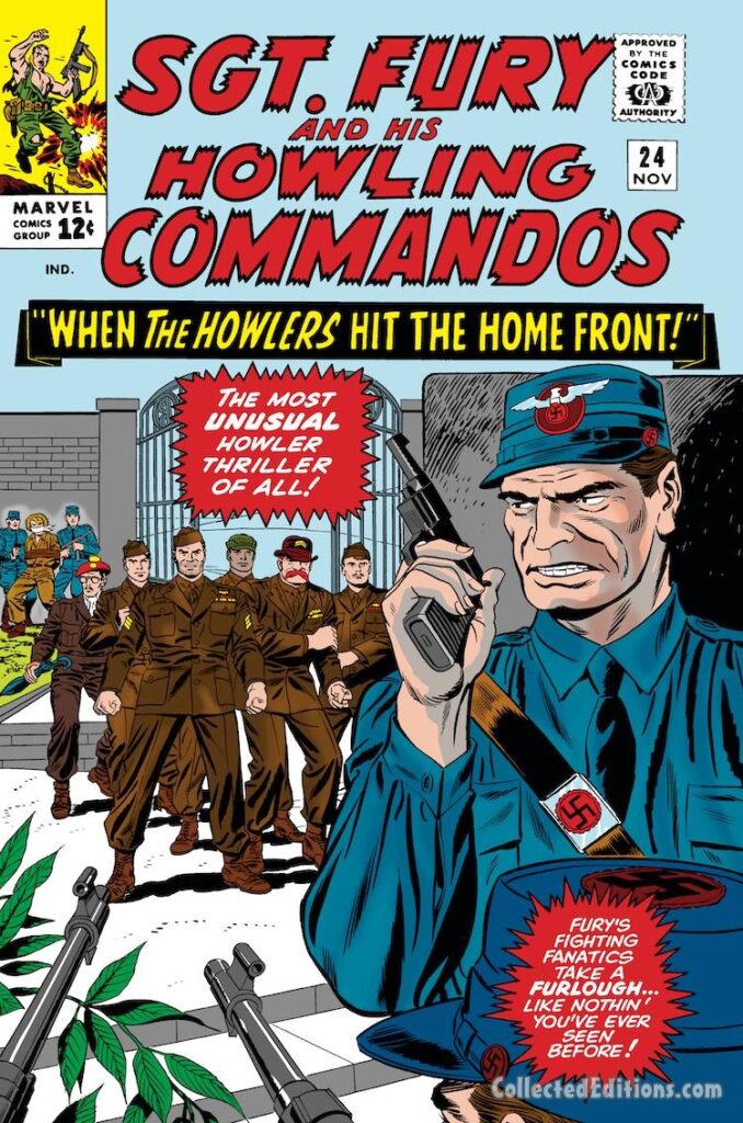 Sgt. Fury and His Howling Commandos #24 cover; pencils, Dick Ayers; inks, Frank Giacoia; When the Howlers Hit the Home Front, Furlough, World War II, Allied, Dum Dum Dugan, Gabe Jones, Izzy Cohen