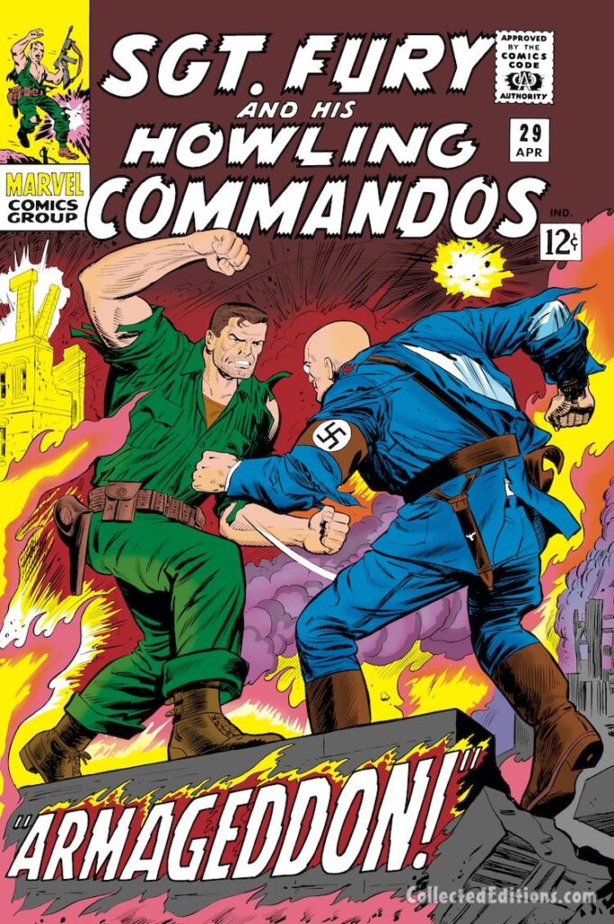 Sgt. Fury and His Howling Commandos #29 cover; pencils, Dick Ayers; inks, John Tartaglione; Armageddon, Nick Fury, Baron Von Strucker, Wolfgang