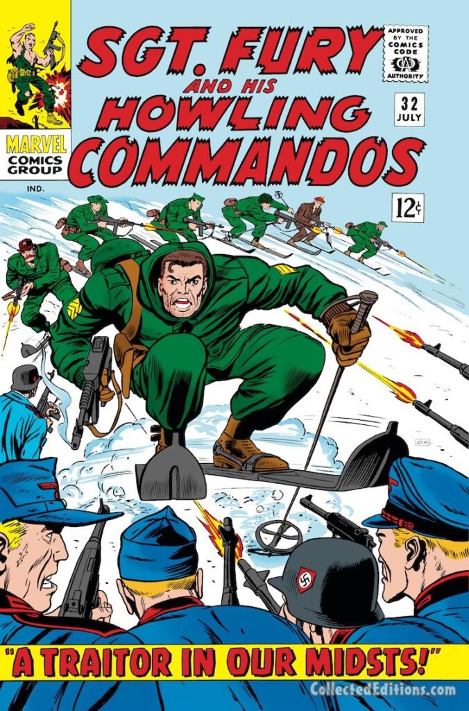 Sgt. Fury and His Howling Commandos #32 cover; pencils and inks, Dick Ayers; A Traitor in Our Midsts, Nick Fury on snow skies