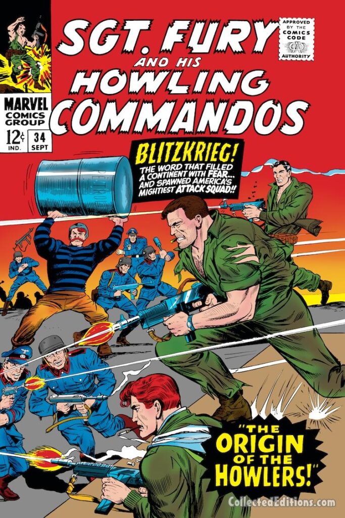 Sgt. Fury and His Howling Commandos #34 cover; pencils, Dick Ayers; inks, John Tartaglione; Blitzkrieg, Origin of the Howlers, Nick Fury