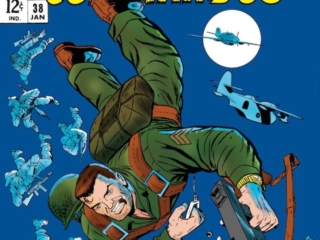 Sgt. Fury and His Howling Commandos #38 cover; pencils and inks, Dick Ayers; This One's For Dino; Nick Fury; paratroopers, parachute