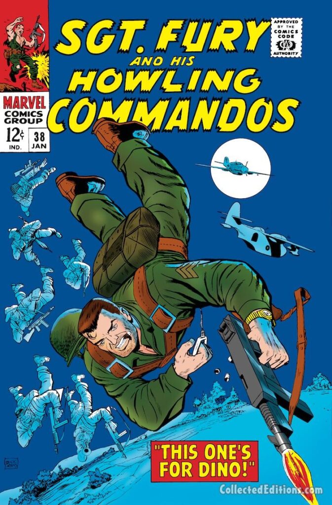 Sgt. Fury and His Howling Commandos #38 cover; pencils and inks, Dick Ayers; This One's For Dino; Nick Fury; paratroopers, parachute
