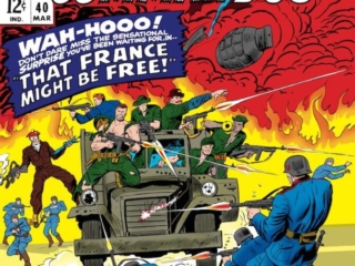 Sgt. Fury and His Howling Commandos #40 cover; pencils and inks, Dick Ayers; Nick Fury; Wah-hooo!; Howlers battle cry, That France Might Be Free, occupied Vichy France