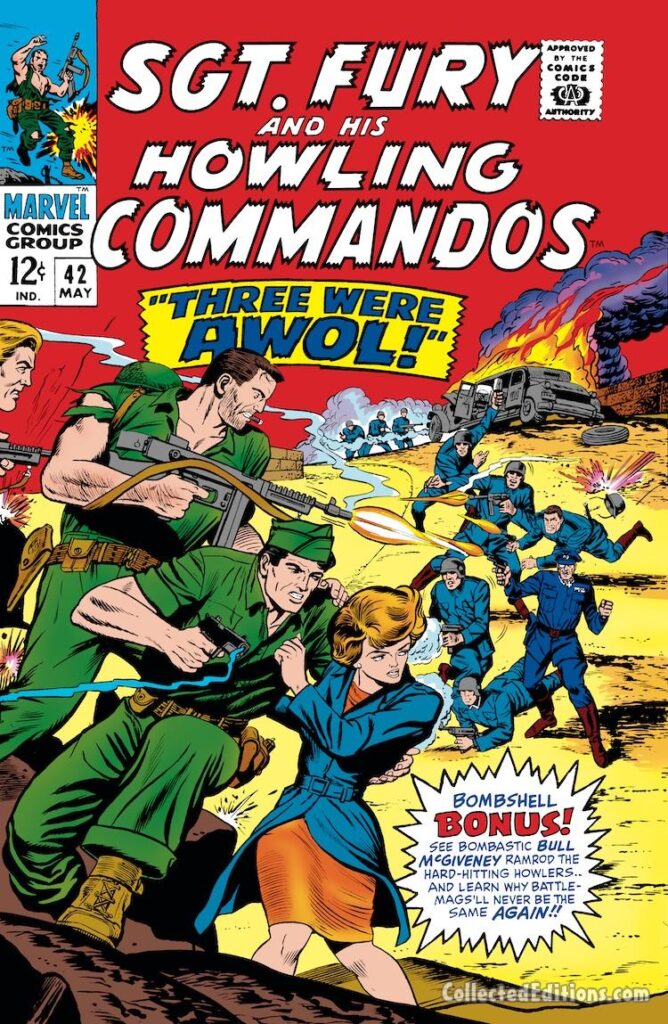 Sgt. Fury and His Howling Commandos #42 cover; pencils, Dick Ayers; inks, Herb Trimpe; Three Were AWOL; Bombshell Bonus, Bull McGiveney, Nick Fury