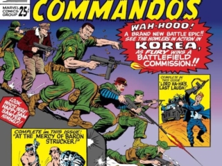 Sgt. Fury and His Howling Commandos Annual #1 cover; pencils, Dick Ayers; inks, Frank Giacoia; Korea, Battlefield Commission, At the Mercy of Baron Strucker, Nick Fury, Happy Sam Sawyer